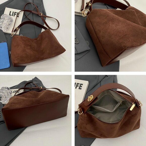 Stylish Coffee Suede Tote with Secure Zipper - Perfect for Everyday Use - Picture 6 of 7
